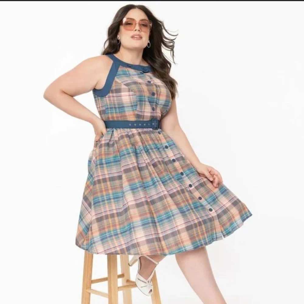 Unique Vintage Blue Plaid Dress